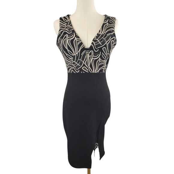 Papaya Medium Black Bodycon Dress V-Neck Lace Trim USA Black Gray White Print - Picture 7 of 16